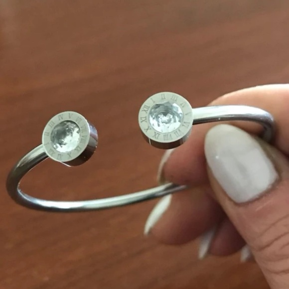 Luxury Roman Numerals Stainless Steel Cuff Inlaid Cubic Zirconia Bracelet - Picture 4 of 11